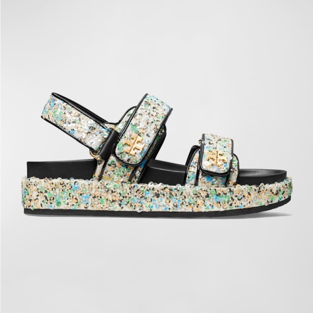 Tory Burch Kira Sequin Sandals with Glamorous Gold Strap